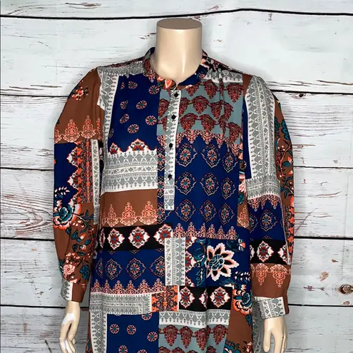 Tolani Collection Size XL Patchwork Print Henley Tunic Blouse Top