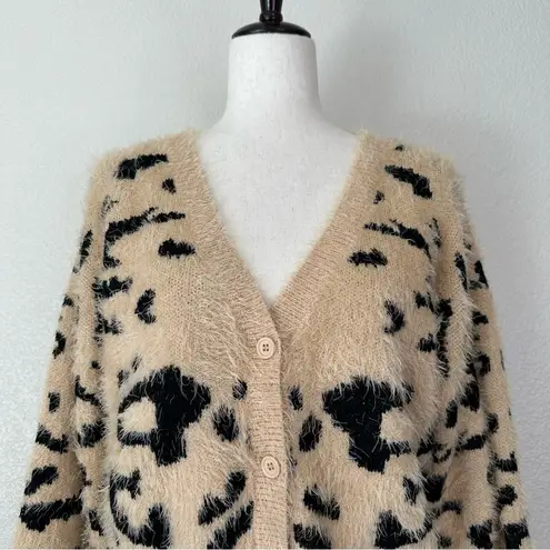 Lulu's Fierce Heart Beige Leopard Print Eyelash Knit Cropped Cardigan Tan