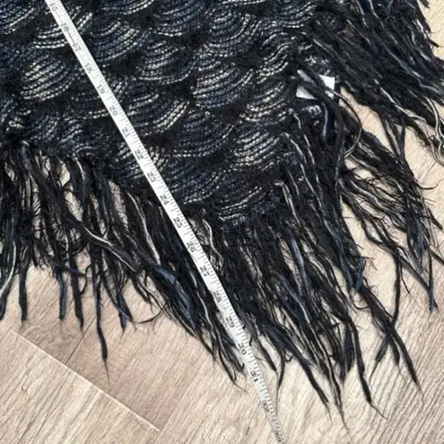 Frazzle Women's Eyelash Knit With Sleeve Fringe Poncho Sweater Black Blue Medium