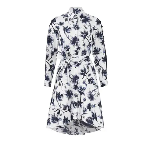 Osman Suzie White Floral Print Long Sleeve Tie Waist High Low Shirt Dress Sz 12