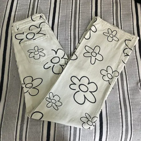 Bailey Rose Floral Print Jeans Small White Denim Flower Wide Leg Retro Eclectic Black Size 26