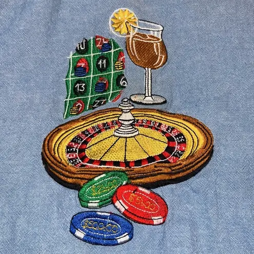 PARIS HENLEY size XL women's Vegas gambling LS button down casino drinks cards Blue