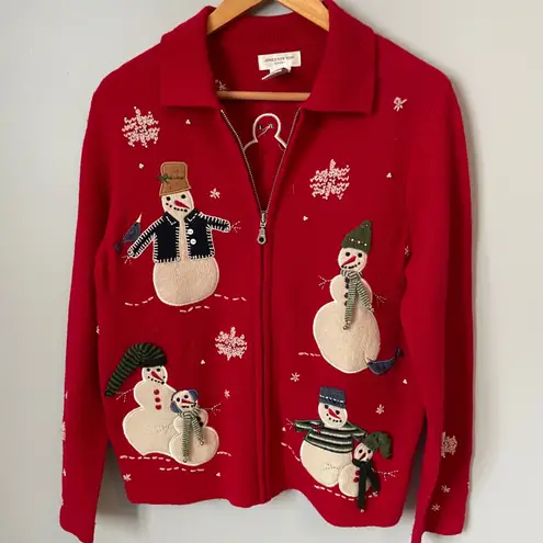Jones New York Holiday 100% Lambswool Red Snowman Zip Up Sweater Size Women's S