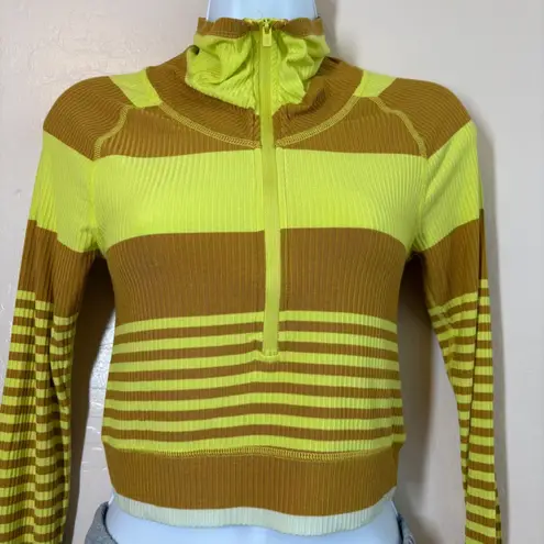 Striped Ribbed Pullover Crop Top Mustard Yellow Funnel Neck Long Sleeve Size XS