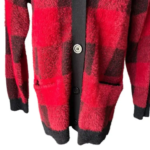 Cyrus Red/ Black Buffalo Plaid Button Down Fuzzy Cardigan Sweater, Sz S - Image 11