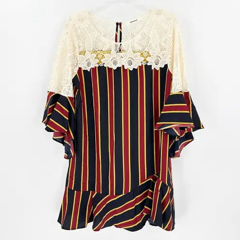 Bluheaven Black Red Striped Bell Sleeve Ruffle Hem Lace Shift Dress Size Medium