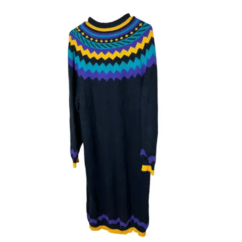 Stefano Sportswear Black Multi Color Geometric Fair Isle Knit Sweater Dress 20W