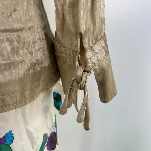 Javier Simorra Silk Jacket Tan Neutral Long Sleeves Ruffles Size M
