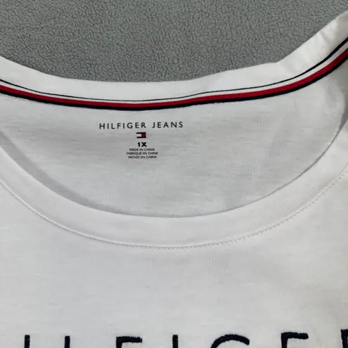 Hilfiger Jeans Shirt 1X Womens White Short Sleeve Logo Graphic Tee Shirt Vintage