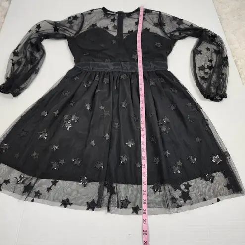 Women Sequin Star Print Black Tulle Dress Mesh See