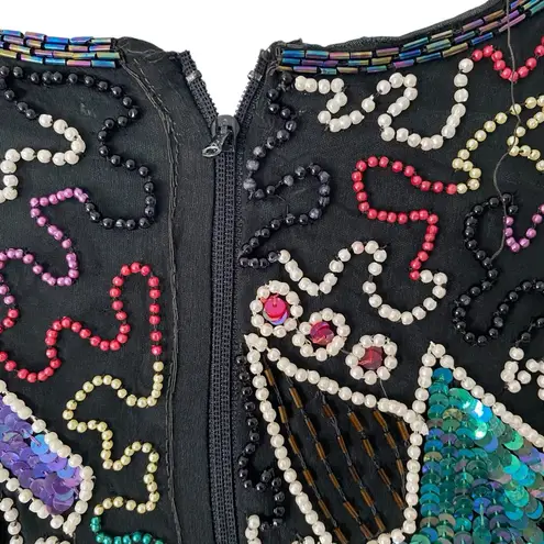 Vintage Anjumun California Sequin Beaded Fringe Dress Art Deco 80s Party stars Black Size M