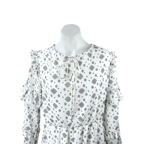 Sharon Max White Floral Long Sleeve Ruffle Tie Neck Tiered A Line Midi Dress M Size M