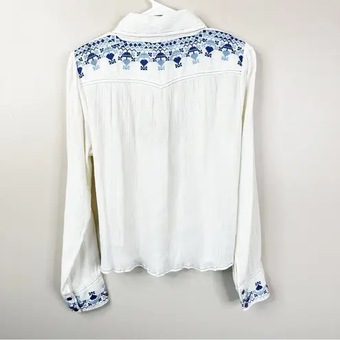 Faherty NEW  Shirt Womens M Pompano Gauze Cotton Top in Egret Embroidered Trim