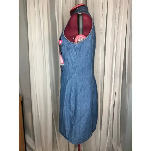 Dress Denim jean 90's puff paint stick figures blue pink white Size 12