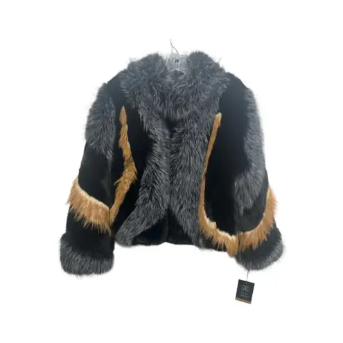 NWT Belle Fare Oversized Faux Fur Coat Multicolor Fur Block Zip Jacket Size M Black Size M
