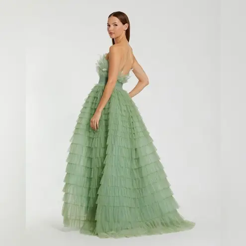 Mac Duggal 20530 Green Strapless Ruffle Gown with Feathers