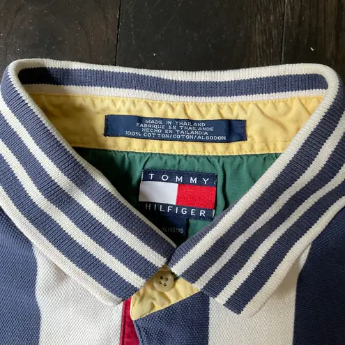 Tommy Hilfiger Vintage Y2K  Striped Cotton Green, Yellow, Blue, & Red Polo Button Short Sleeve Sz. XL