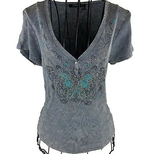 Apt. 9  Gray Ribbed Top with Turquoise and Rhinestone Butterfly Size Medium