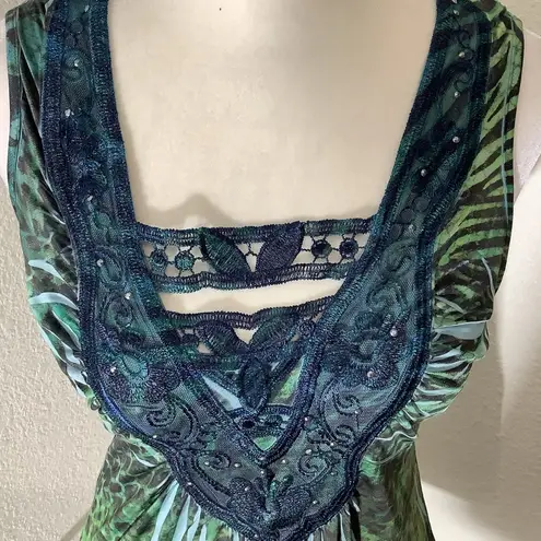 Blue and Green Ruffled Embellished BOHO Flowy Top Size M