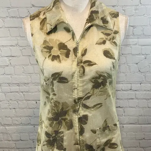 PANG CHI Tank Top Green Floral Print w Mesh Overlay