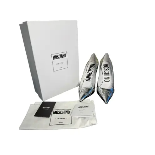 Moschino NIB Question Stitching 100mm Pumps in Silver Size 38.5