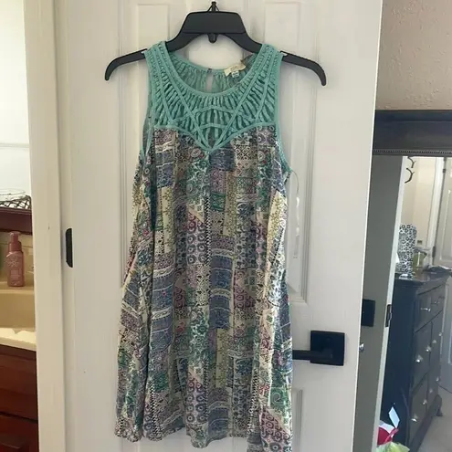 Kori America Aqua Patchwork Boho Sleeveless Dress NWOT