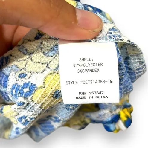 MELLODAY NWT Blue Yellow Floral Ruffle Top - Size Large