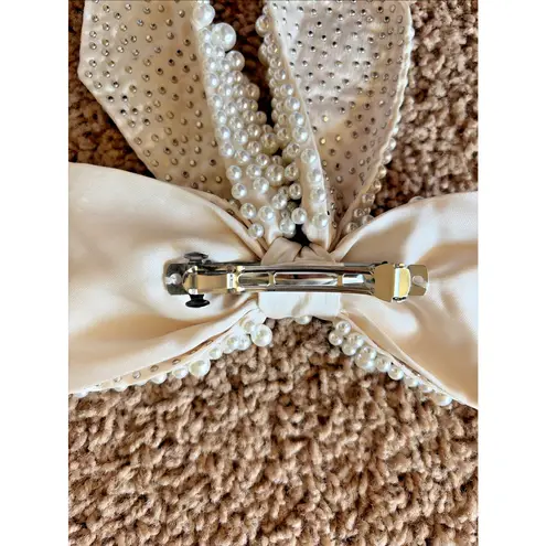 Ivory/Cream Allover Pearl Beaded Preppy Bridal Hair Bow Ribbon Clip Coquette