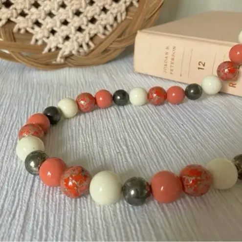 Vintage Oversized Coral White Gray Beaded Necklace “Demeter” Statement Classic Orange