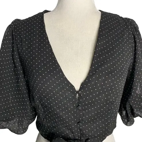 Peach Puff  Cropped Polka Dot Top S Black V Neck Buttons Tie Elastic Sleeve