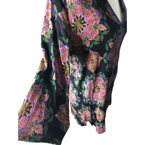 Gauzy J Crew Pink Medallion V Neck 3/4 Sleeve Gauze Cotton Tunic Swimsuit Cover Black