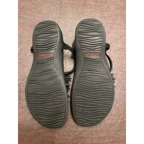 Vionic Womens 9 Black Suede Fringe Sandals Comfort Orthotic T-Strap Walking Shoe