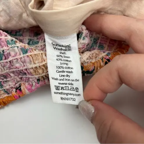 Something Navy Puff Sleeve Floral Crop Top Womens Size XXS Linen Blend NEW