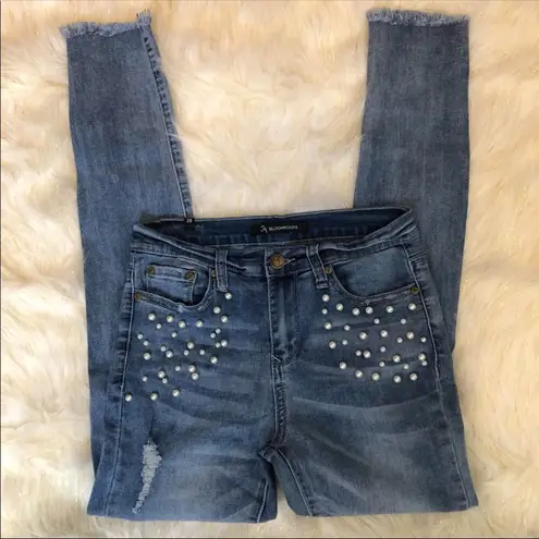 BLOOMROCKS Melrose Pearls Fray Cuff Ankles Jeans Blue Size 28