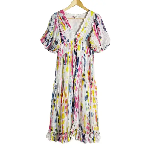 Hemant and Nandita Jorah Multicolor Tie Dye Print V-Neck Puff Sleeve Midi Dress S