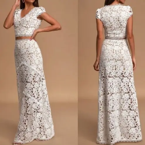 Lace Skirt & Crop Top Set White Size L