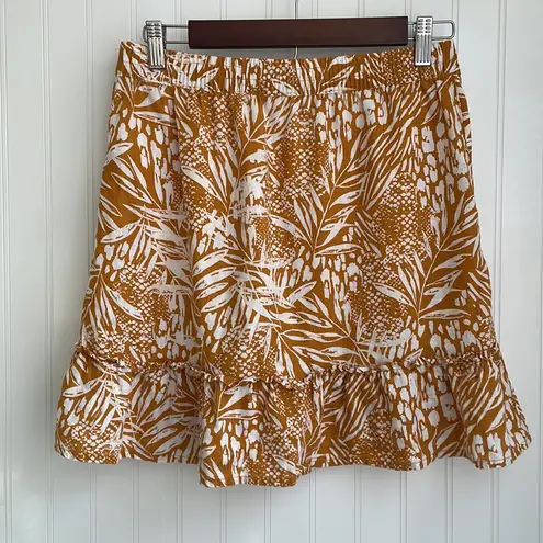 Christian Siriano 100% Linen Skirt Botanical Print Ruffle Side Pockets Size S Orange