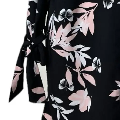 Roz & Ali Long Jacket Open Front Tie Sleeves Black Pink Floral Women’s Plus 3X