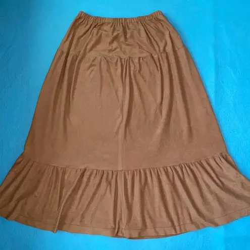 HANDMADE Tiered faux suede maxi skirt elastic stretchy waistband size M to L Tan Size M