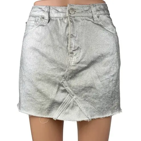 Sunset + Spring Silver Metallic High Waisted Pencil Mini Denim Jean Skirt Size M Size M