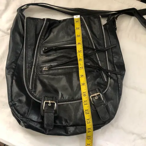 Unisex Grunge Gothic Punk Black leather crossbody shoulder messenger bag purse silver hardware multiple zippers & pockets Can also be a school bag as it can fit multiple books, tablets, laptop computer - Image 7