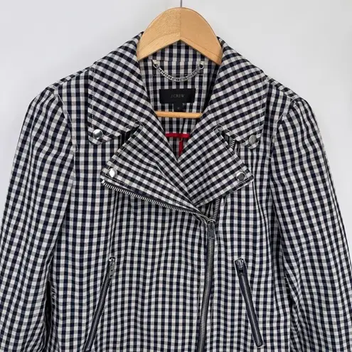 J. Crew Preppy Moto Jacket Womens 10 Blue White Gingham Plaid Cotton Linen NWOT
