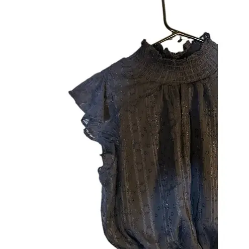 BCX Dress Navy Blue Metallic Mock Neck Flutter Short Sleeve Dress Women Sz XS