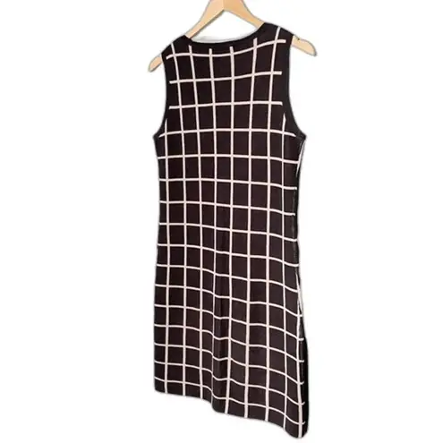 Adrienne Vittadini Sweater Knit Dress Gray Cream Windowpane Plaid Size Medium