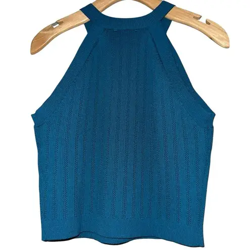 Happily Grey L Teal Green Blue High Neck Sleeveless Halter Side Gold Buttons Top Size L