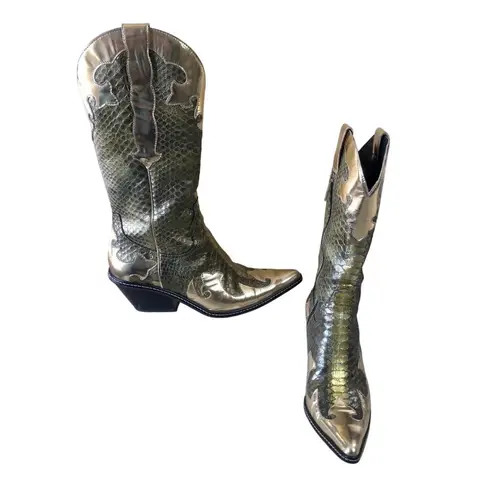 Donald Pliner Western Metallic Pitone Snake Leather Boot Shoe New $695 Sz 8.5 Gold