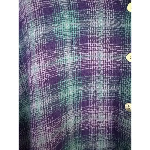 J. JILL Purple Teal Plaid Textured Crinkled Button Front Tunic Shirt Size Lp