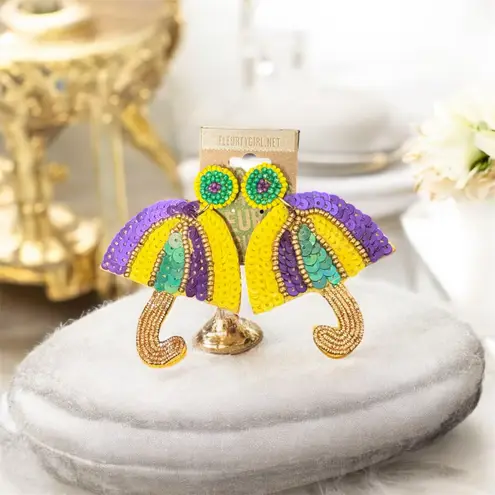 NEW New Orleans Parade Parasol Umbrella Statement Earrings MardiGras Sequin Bead Gold