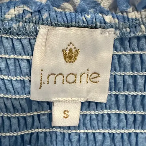 J. Marie Midi Dress S Blue White Sea Shell Print Smocked Ruffle Strap Tiered