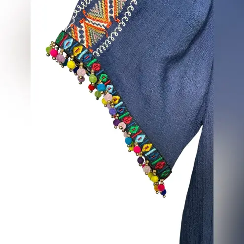 THML Anthropologie Navy Embroidered Beaded Boho Off the Shoulder Romper Medium